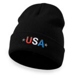 Black USA beanie with red, white, and blue embroidery and stars.