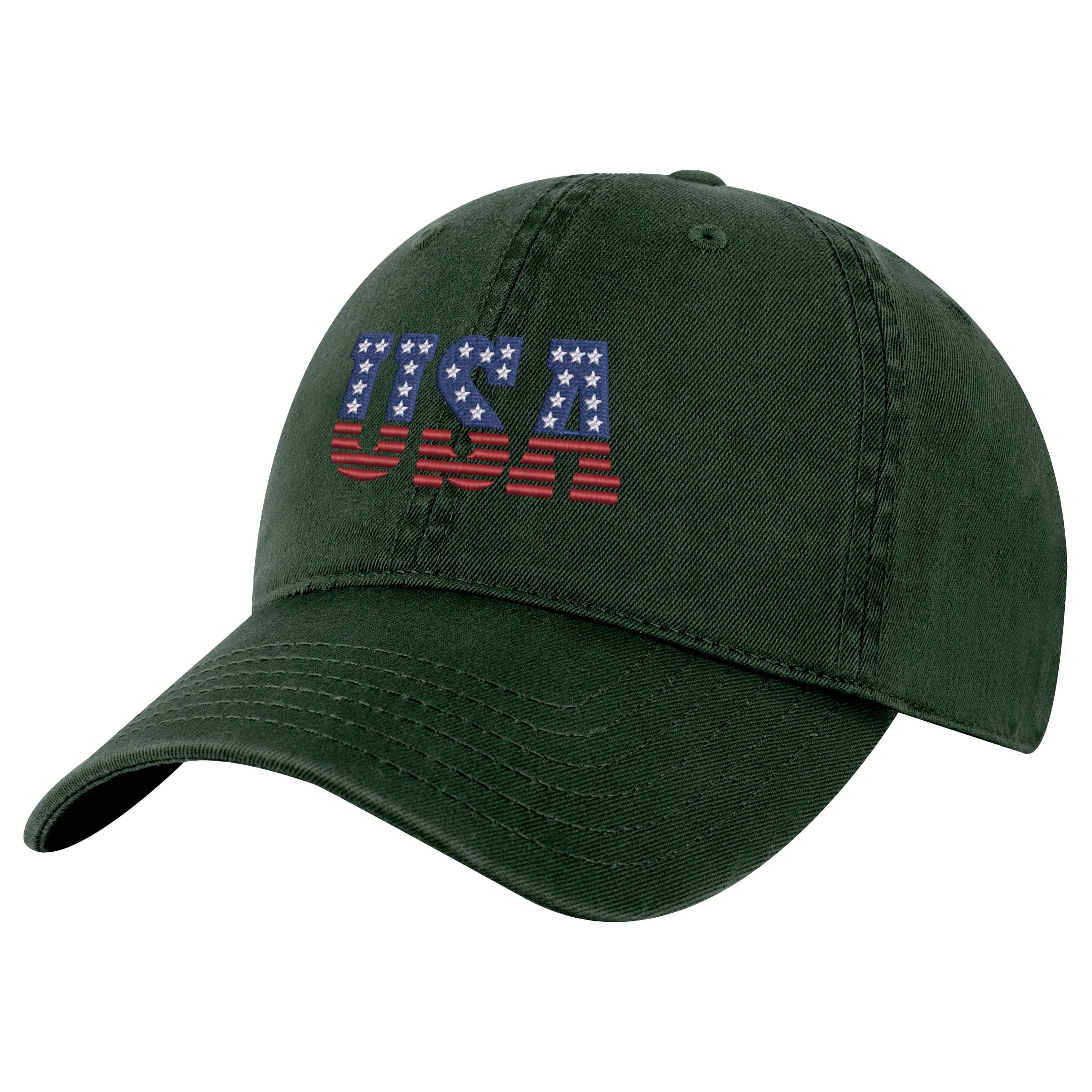 Embroidered USA cap with red white and blue American flag pattern in letters