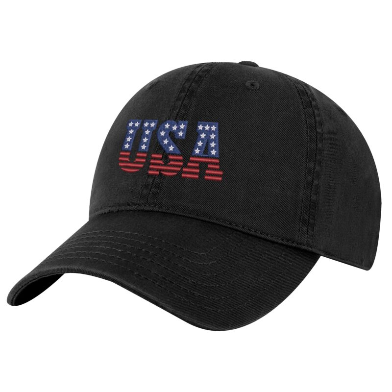 American Flag Dad Hat with USA embroidery in red, white, and blue thread
