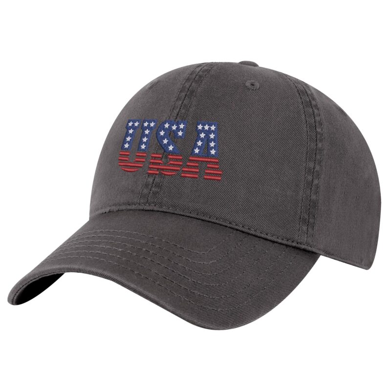 Embroidered USA cap with red white and blue American flag pattern in letters