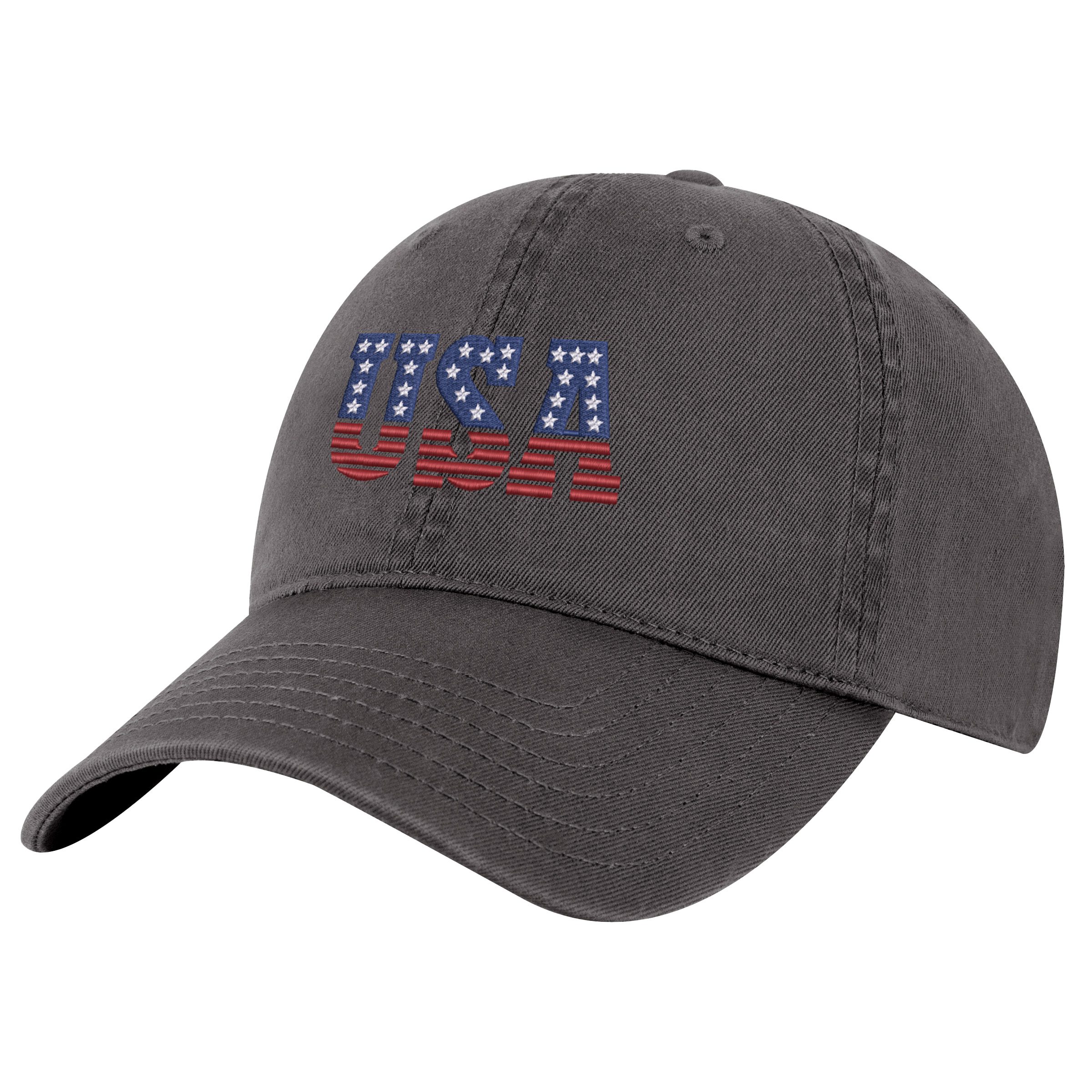 Embroidered USA cap with red white and blue American flag pattern in letters
