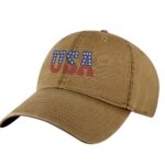Embroidered USA cap with red white and blue American flag pattern in letters