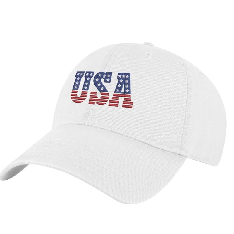 Embroidered USA cap with red white and blue American flag pattern in letters