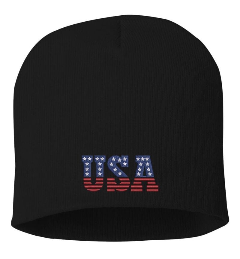 Black beanie with "USA" embroidered in red, white, and blue stars and stripes design, symbolizing American pride.