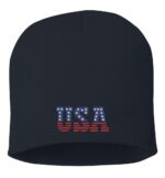 Black beanie with "USA" embroidered in red, white, and blue stars and stripes design, showcasing a proud American style.