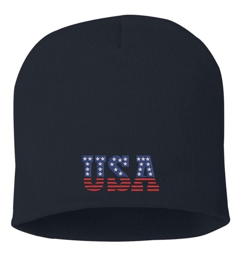 Black beanie with "USA" embroidered in red, white, and blue stars and stripes design, showcasing a proud American style.