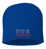 Blue beanie with "USA" embroidery in stars and stripes design, perfect for showcasing American pride.