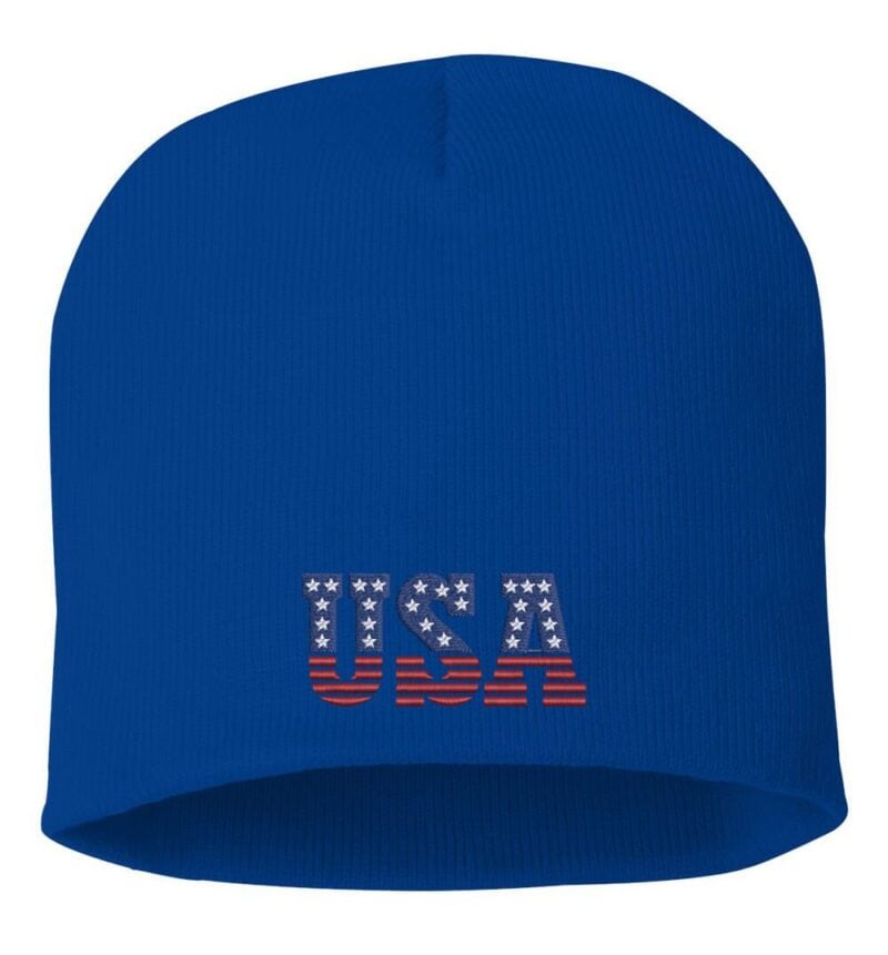 Blue beanie with "USA" embroidery in stars and stripes design, perfect for showcasing American pride.