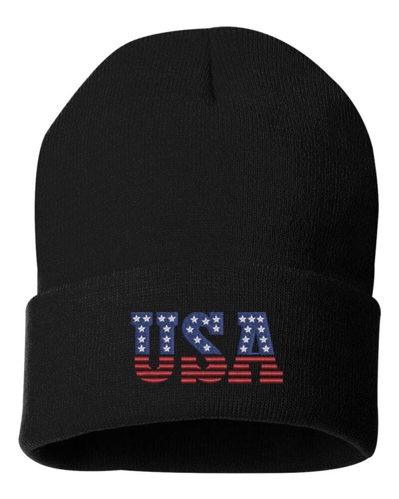 Black cuffed beanie with "USA" in bold letters featuring an American flag pattern, showcasing patriotic style.