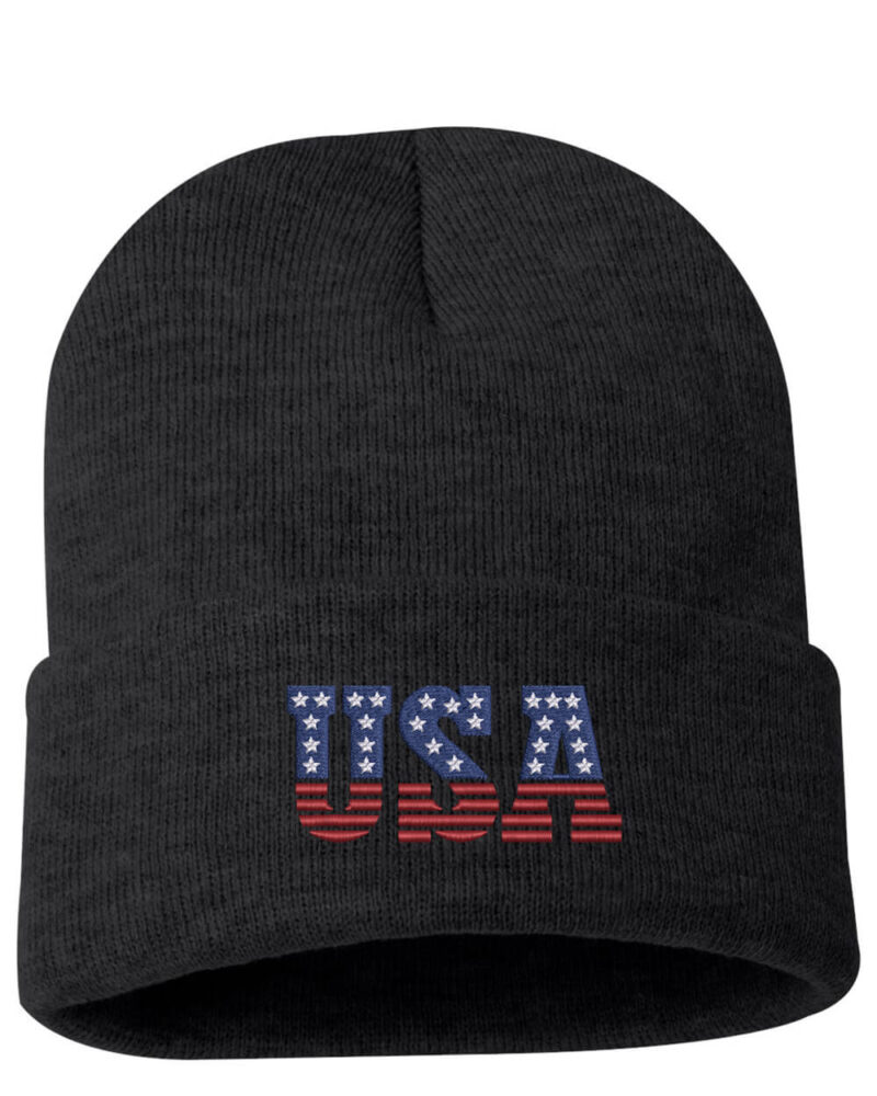 116CB - USA Flag Colors - Charcoal Heather USA cuffed beanie – embroidered American hat – patriotic winter knit cap