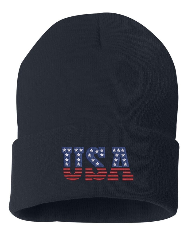 Black USA cuffed beanie with "USA" text in American flag colors on the front, perfect for displaying patriotic pride.
