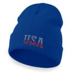 Royal blue USA cuffed beanie with embroidered American flag design.