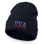 Black cuffed beanie with embroidered USA flag design for winter.