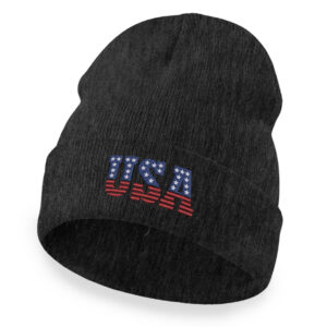 Black cuffed beanie hat with embroidered USA flag design for winter.