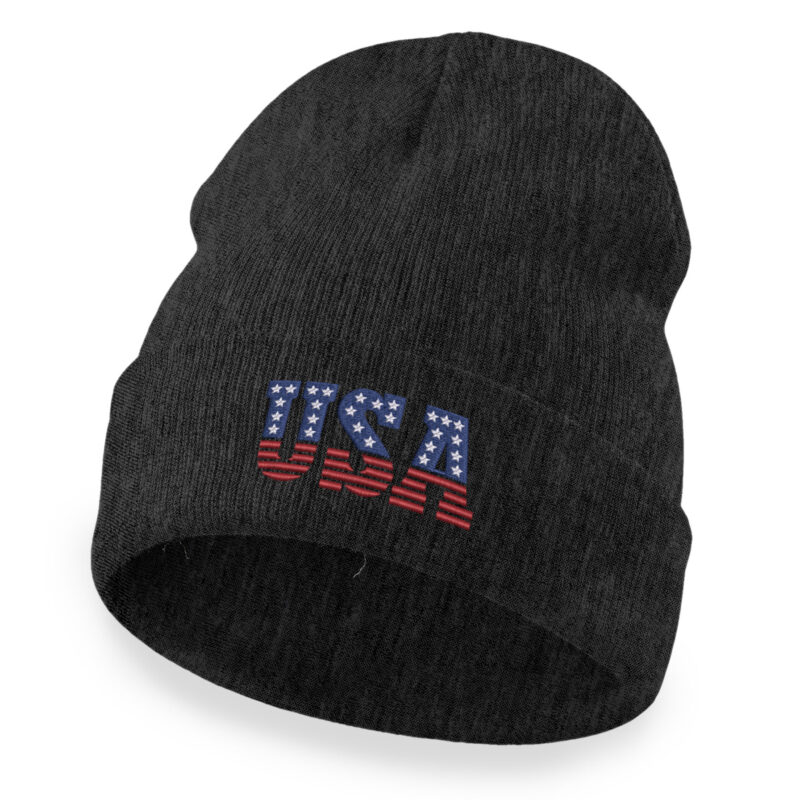Black cuffed beanie hat with embroidered USA flag design for winter.