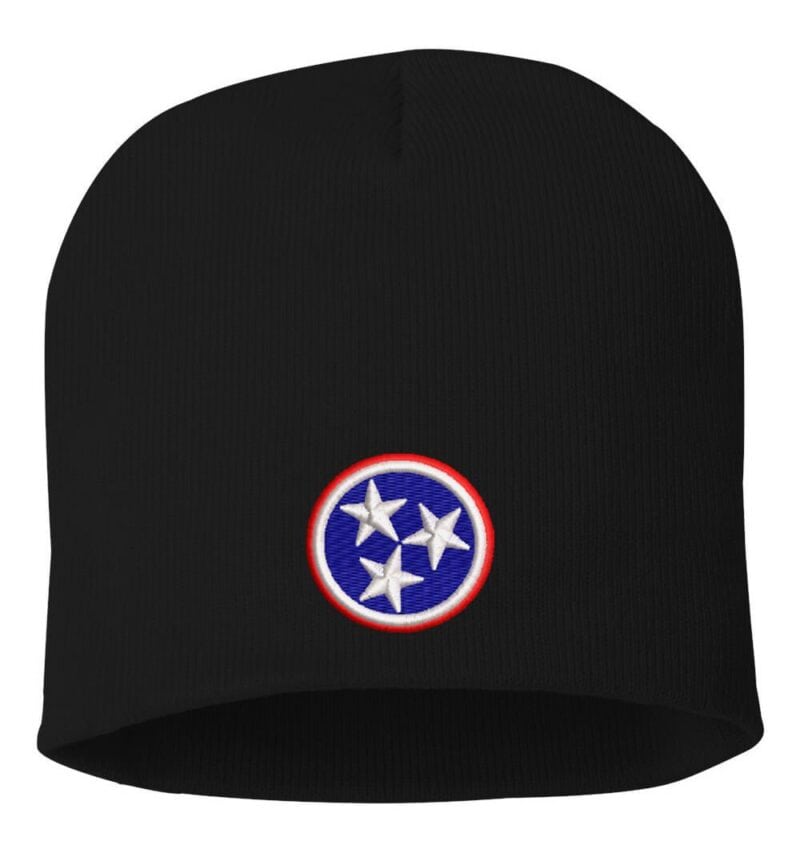 Black beanie featuring an embroidered Tennessee Tri-Star State Flag emblem, showcasing state pride and Volunteer State spirit.