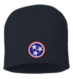 Black beanie featuring the embroidered Tennessee Tri-Star State Flag emblem, showcasing state pride and Volunteer State heritage.
