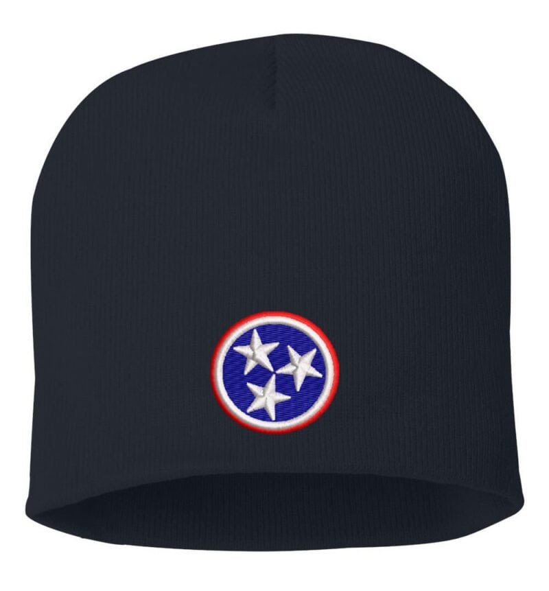 Black beanie featuring the embroidered Tennessee Tri-Star State Flag emblem, showcasing state pride and Volunteer State heritage.