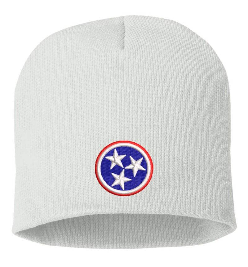 White beanie featuring the Tennessee Tri-Star State Flag embroidered logo, showcasing state pride with a clean, classic design.