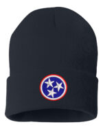 Black cuffed beanie featuring an embroidered Tennessee Tri-Star State Flag emblem, showcasing Volunteer State pride.