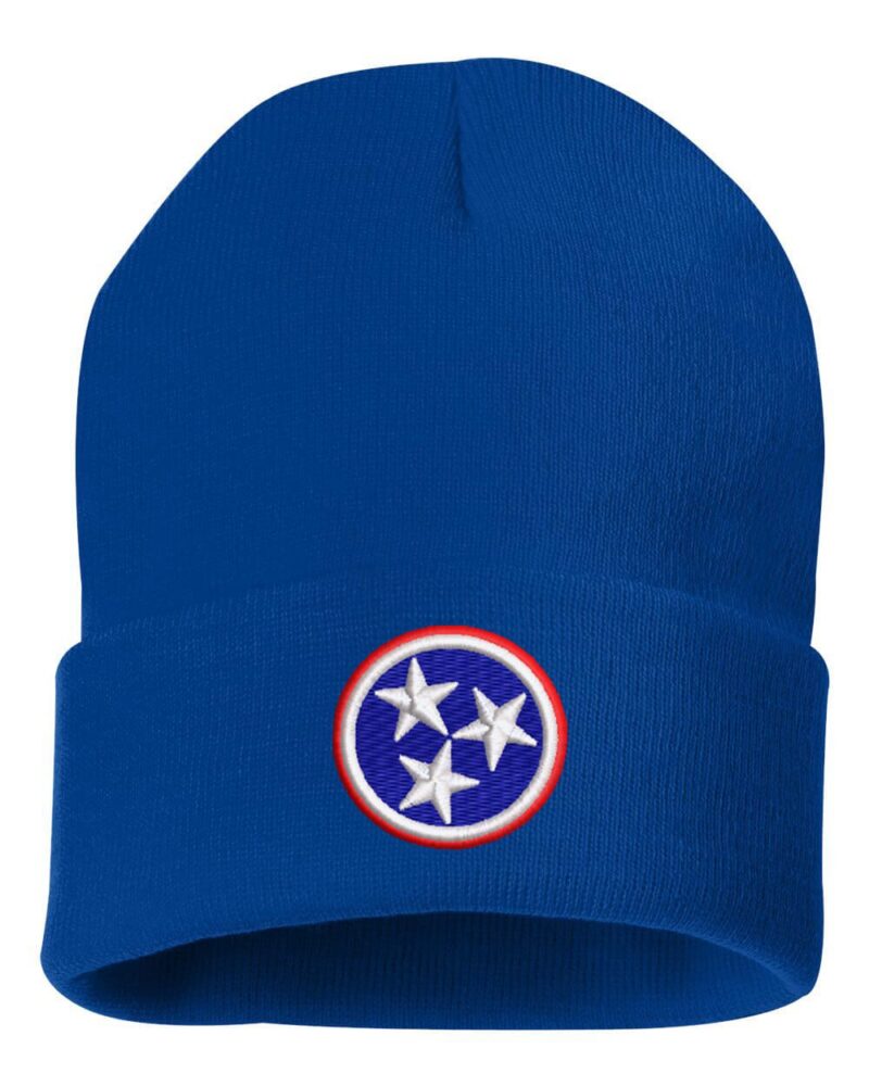 Blue cuffed beanie featuring an embroidered Tennessee Tri-Star State Flag emblem, showcasing Volunteer State pride.
