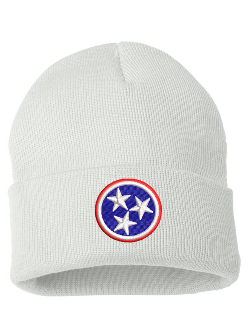White cuffed beanie featuring the Tennessee Tri-Star State Flag design embroidered on the front, showcasing state pride.