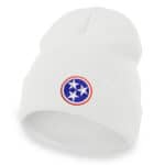 White cuffed beanie featuring Tennessee Volunteer State Flag embroidery.