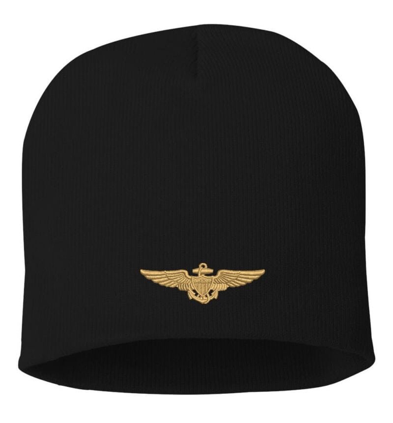 Black Navy Aviator Pilot Wings Beanie featuring a gold embroidered US Navy pilot wings emblem on the front.