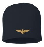Navy blue beanie featuring gold US Navy Aviator Pilot Wings emblem on the front, showcased on a product page for navy hats.