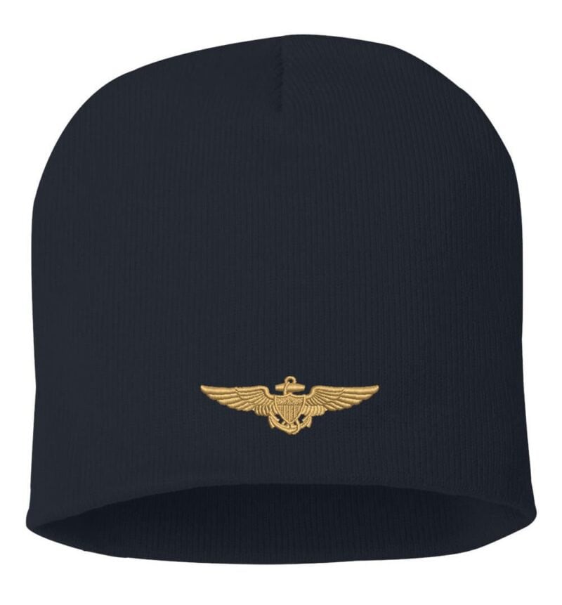 Navy blue beanie featuring gold US Navy Aviator Pilot Wings emblem on the front, showcased on a product page for navy hats.