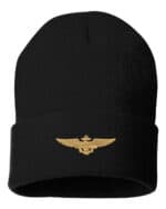 Black cuffed beanie featuring a gold embroidered Navy Aviator Pilot Wings insignia on the front.