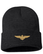 Black cuffed beanie featuring an embroidered gold US Navy aviator pilot wings emblem on the front.