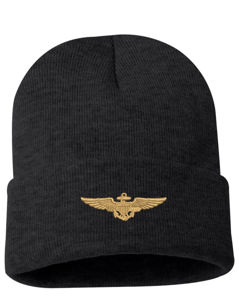 Black cuffed beanie featuring an embroidered gold US Navy aviator pilot wings emblem on the front.