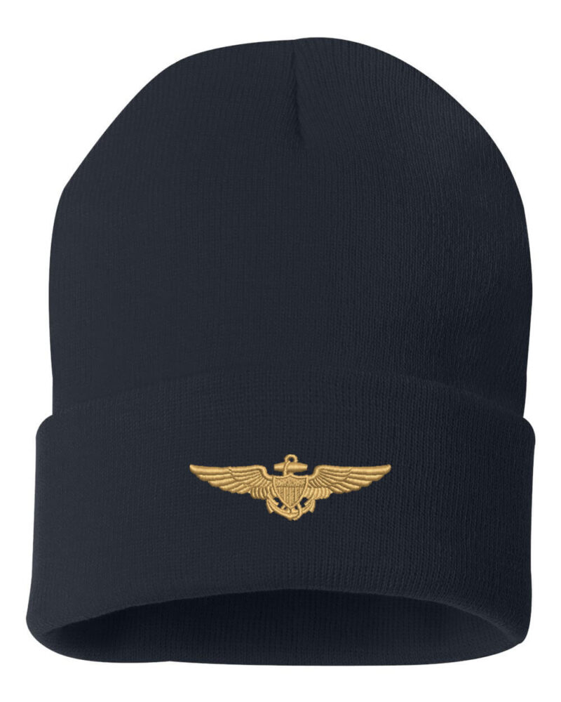 US Navy aviator beanie with embroidered gold pilot wings insignia - patriotic military winter hat for proud Americans