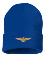 Blue cuffed beanie featuring embroidered gold Navy aviator pilot wings on the front.