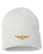 White cuffed beanie featuring a gold Navy Aviator Pilot Wings emblem on the front, displayed on a product page.