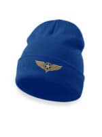 Blue pilot wings beanie with embroidered star logo for aviation enthusiasts.