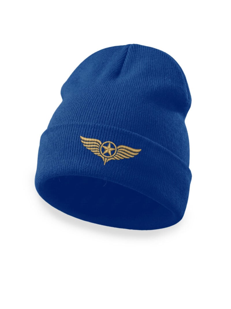 Blue pilot wings beanie with embroidered star logo for aviation enthusiasts.
