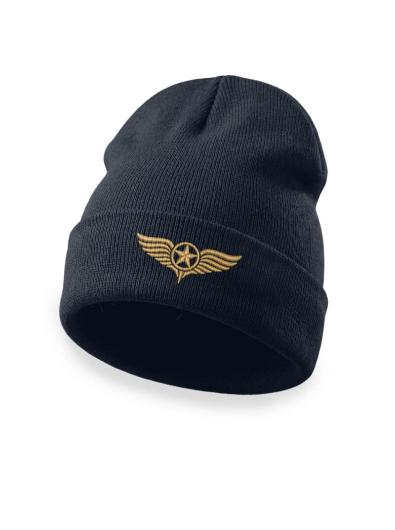 Embroidered pilot wings star on navy blue beanie for aviation enthusiasts.