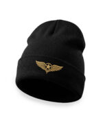 Black pilot beanie with gold embroidered star and wings logo.
