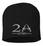 Black beanie with "2A" featuring two rifles, and "1791" embroidered in gray, symbolizing 2nd Amendment support.