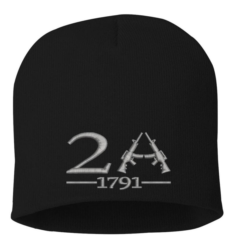 Black beanie with "2A" featuring two rifles, and "1791" embroidered in gray, symbolizing 2nd Amendment support.