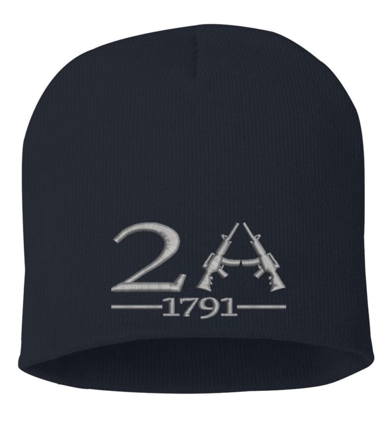 Black beanie with "2A 1791" and two crossed rifles embroidered in gray, promoting gun rights and the 2nd Amendment.