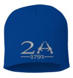 Blue beanie with "2A 1791" text and crossed rifle design, representing support for the Second Amendment and gun rights.