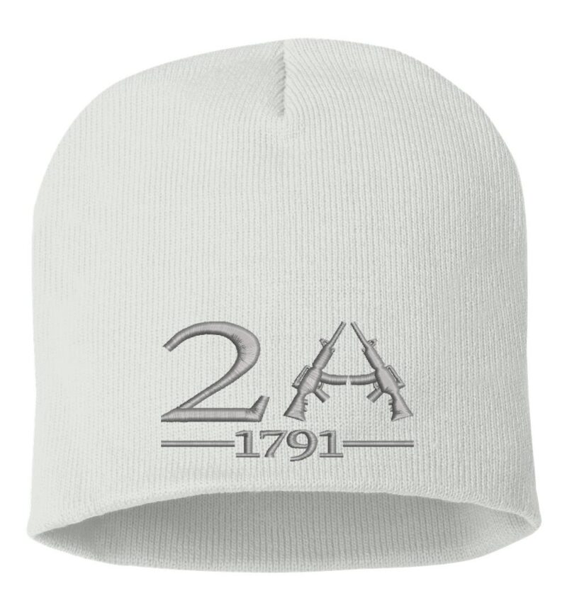 Cream-colored beanie with "2A 1791" text and two rifles crossed, representing 2nd Amendment gun rights.