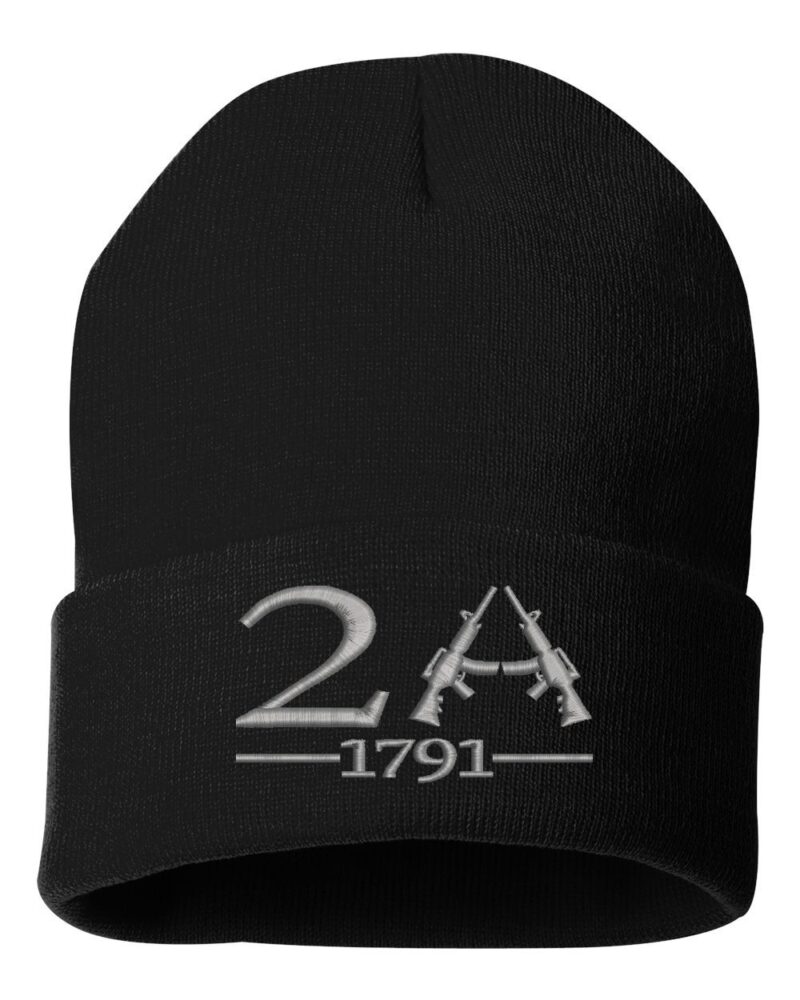 Black knitted beanie with "2A 1791" embroidered in silver, featuring two rifles forming the letter "A".