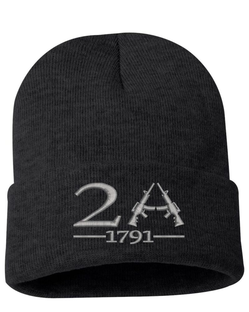 Black knitted beanie with "2A" and "1791" embroidered design featuring rifles, shown on the product page for gun rights apparel.