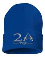 Blue cuffed beanie with "2A 1791" embroidered in gray, featuring two rifles forming the letter A.