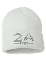 White cuffed beanie featuring "2A 1791" embroidered text with rifles, symbolizing support for the 2nd Amendment and gun rights.