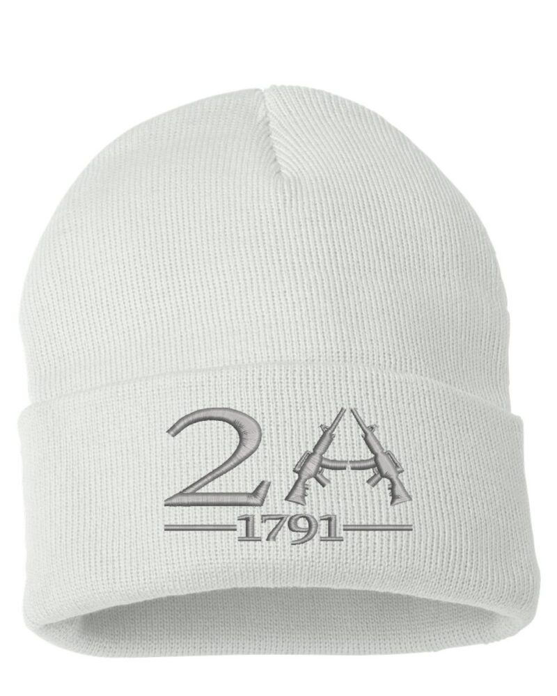 White cuffed beanie featuring "2A 1791" embroidered text with rifles, symbolizing support for the 2nd Amendment and gun rights.